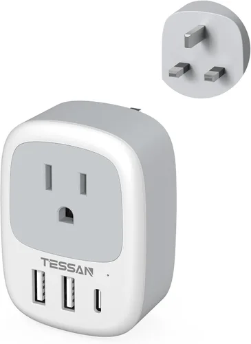 Vista 9 de TESSAN - Adaptador de viaje de Reino Unido a EE. UU. con salida de CA 3 USB (1 USB C)