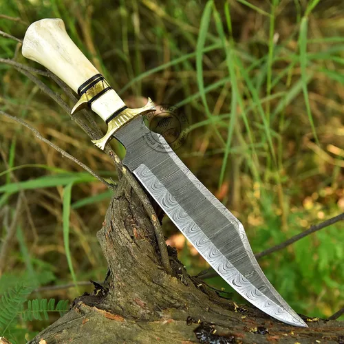Vista 3 de Cuchillo de caza Bowie de acero de Damasco hecho a mano, cuchillo de supervivencia y caza de hoja fija, camping, bushcraft, regalo para hombres