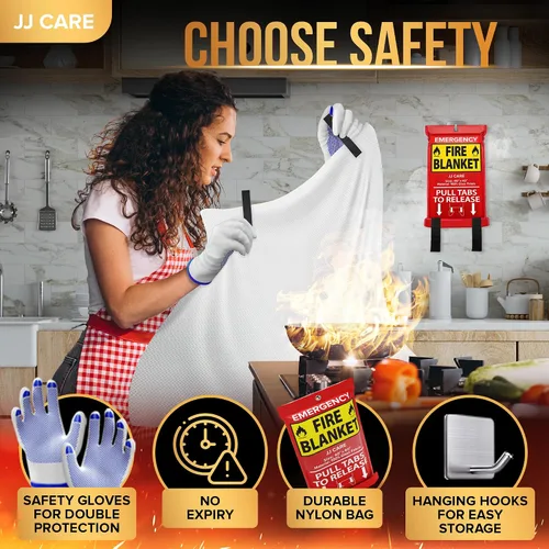 Vista 4 de JJ CARE Manta contra incendios – 2 paquetes con ganchos y guantes – Manta de emergencia contra incendios para el hogar y la cocina, mantas