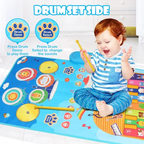 Vista 2 de Tapete de juego musical para bebé, educativa temprana 3 en 1, piano tambor de animal Touch de 31.5 x 19.6 pulgadas, manta de juego Montessori