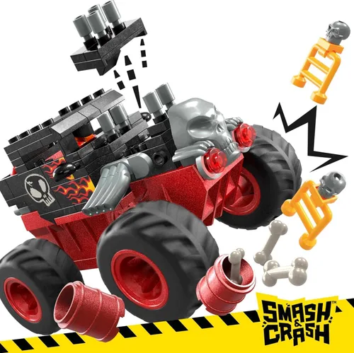 Vista 6 de MEGA Hot Wheels Monster Trucks Set de Construcción de Vehículos Juguetes, Carrera de Choques y Destrucciones Bone Shaker con 151 Piezas, 1 Mini