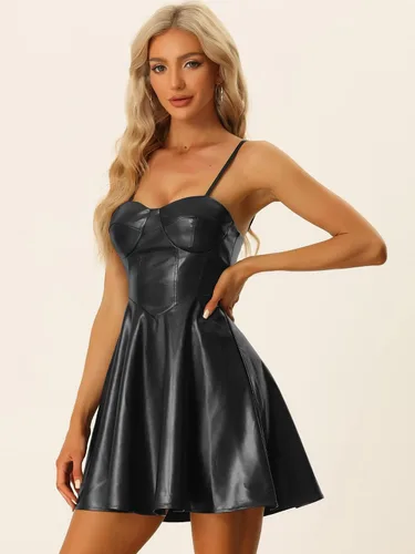 Vista 4 de Allegra K Vestido sexy con tirantes delgados para mujer, escote corazón, acampanado, de piel sintética, mini vestido