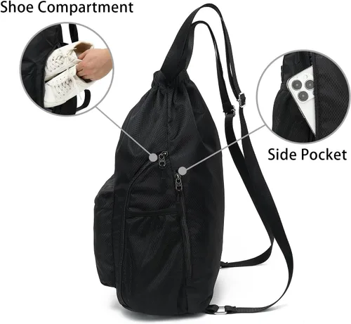 Vista 2 de FUXINGYAO Mochila deportiva con cordón y compartimento para zapatos, mochila de cuerda para mujeres y hombres (negro), Azul, Sencillo y fácil de usar