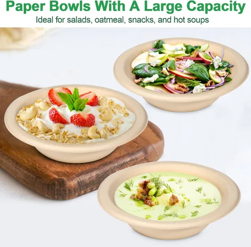 Vista 3 de Cuencos desechables de papel para sopa – Paquete de 50 unidades, resistentes, biodegradables y compostables hechos de caña de azúcar, 20 onzas