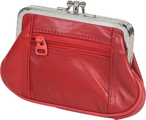 Vista 6 de Monedero de cuero con doble cierre de cremallera para mujer 5 14 pulgadas x 3 14 pulgadas Rojo billetera estilizada