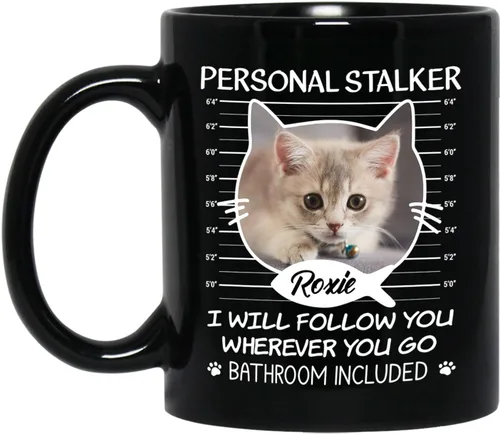Vista 9 de Taza de café personalizada con nombre y foto de gato, marco de fotos personalizado para gato, taza de café negra de 11 onzas y 15 onzas, taza de té