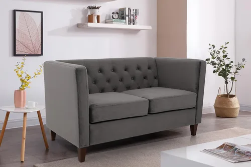 Vista 6 de Container Furniture Direct Muebles clásicos con capitoné y modernos para sala de estar, sofá universitario con relleno, cómodo sofá biplaza de Gris