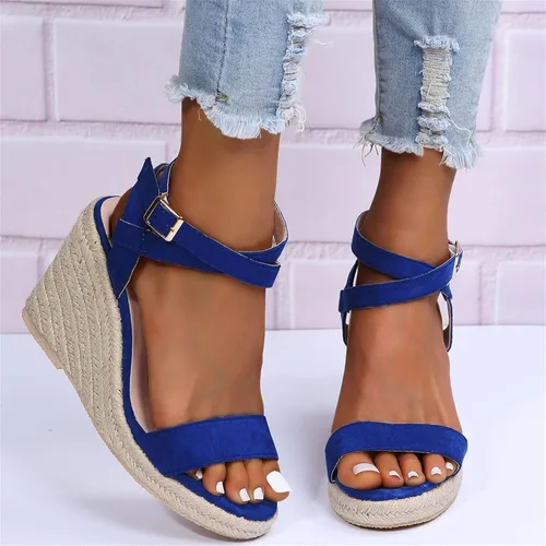 Vista 2 de Sandalias de tacón de paja para mujer, con hebilla elegante, rosa, negro, azul, marrón