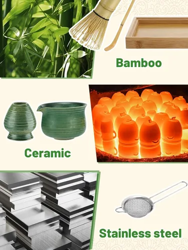 Vista 4 de Juego de batidor de matcha con bandeja de bambú, cuenco con boquilla, batidor y soporte, cuchara de bambú, tamiz, kit de matcha japonés, regalo