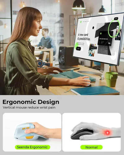 Vista 2 de Seenda MOE302 - Mouse ergonómico vertical con reposamanos, mouse inalámbrico recargable para aliviar el dolor de muñeca, acceso directo de Azul