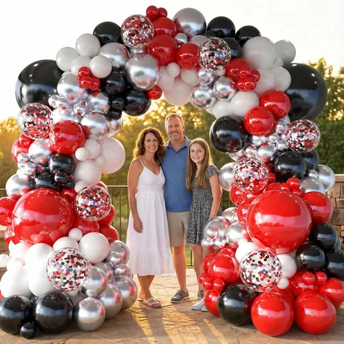 Vista 2 de Kit de arco de globos negros y rojos, guirnalda de globos plateados, globos de confeti blanco, decoración de cumpleaños, aniversario de boda
