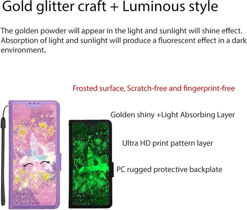 Vista 4 de Funda compatible con Huawei Y9 Prime 2019 con protector de pantalla de vidrio templado, bloqueo RFID, purpurina dorada y luminosa, LPT-DJS