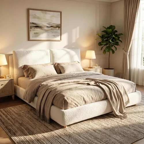 Vista 10 de Merax Cama de plataforma tapizada de tela Boucle tamaño Queen con dos cabeceras de almohada extraíbles, marco de cama de madera con patas redondas