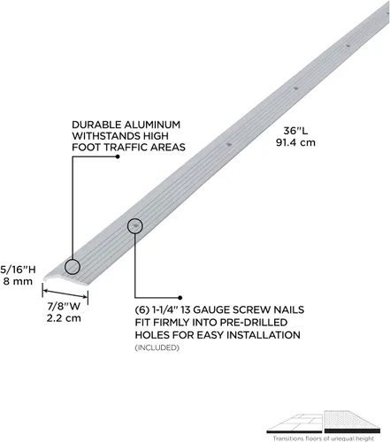 Vista 2 de M-D Building Products 78006 7/8 pulg. X 36 in. Moldura de alfombra de aluminio plateado con clavos de tornillo