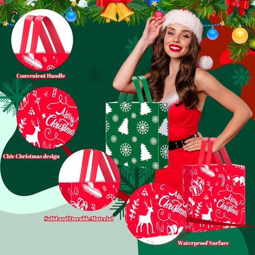 Vista 5 de Zhanmai 200 bolsas de plástico de Navidad reutilizables con asas de 10 x 13 pulgadas para suministros de fiesta de Navidad (estilo clásico)