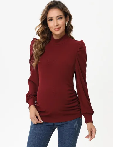 Vista 3 de Camiseta de maternidad de punto acanalado para mujer, casual, cuello alto, manga larga, fruncida, túnica para mujeres embarazadas