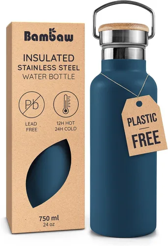 Vista 25 de Bambaw Botella de agua de acero inoxidable de 12 onzas, azul Egeo, 350 ml, de doble pared aislada, a prueba de fugas, apta para lavavajillas, sin