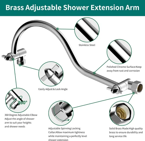 Vista 2 de Brazo de extensión de cabezal de ducha curvado ajustable de latón macizo de 16 pulgadas, extensor de brazo de ducha flexible de altura y ángulo