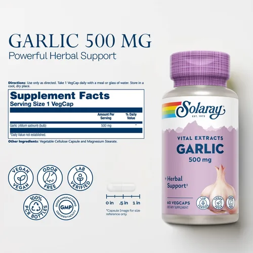 Vista 3 de SOLARAY Suplemento de ajo de 500 mg, vegano, extracto de ajo inodoro, utilizado tradicionalmente para la salud del corazón y el apoyo inmunológico
