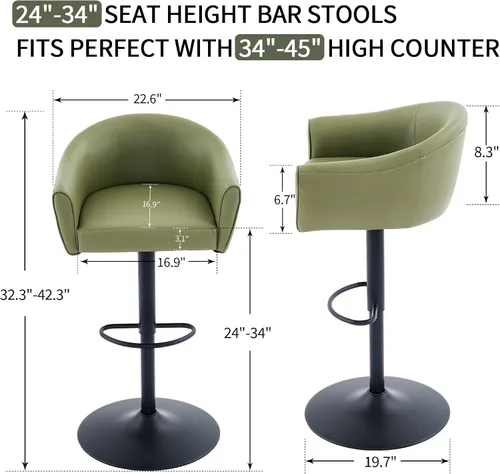 Vista 3 de FIRAVOE Juego de 2 taburetes de bar, taburetes de bar giratorios con respaldo y brazos, silla de bar ajustable de piel sintética de 24 a 34