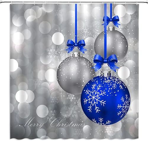 Vista 2 de Cortina de ducha de Feliz Navidad, bola de Navidad azul y plateada, brillante, impresa, feliz año nuevo, fiesta, juego de decoración de baño