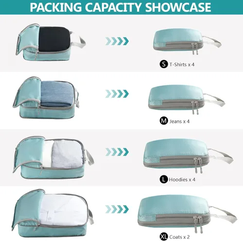 Vista 4 de Juego de 4 cubos de compresión para viajes, bolsas organizadoras de maleta, accesorios de viaje para viajes por carretera en 4 tamaños