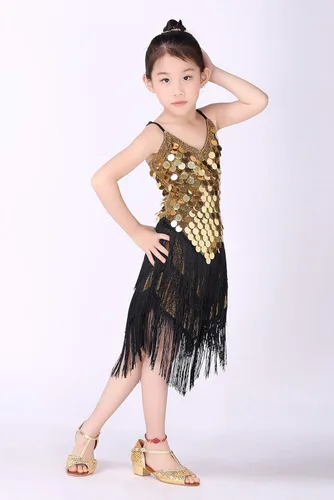 Vista 6 de Happy Cherry Vestido de lentejuelas con borlas para niña, falda de baile latino, disfraz brillante para niños, ballet, tango, rumba, ropa de baile