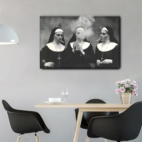 Vista 4 de Black and White Nuns Smoking Wall Art Wall Art Funky Aesthetic Prints Women Portrait Painting Vintage Trendy Wall Art Modern Smoking Nuns Print