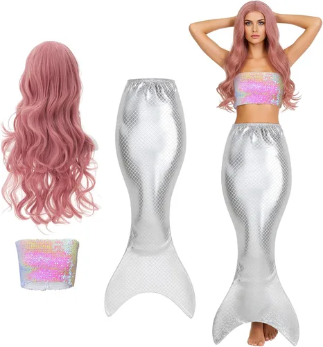 Vista 9 de Cindeer Disfraz de sirena de Halloween para mujer, ombliguera de sirena con lentejuelas, sin tirantes, parte superior metálica de tubo, falda