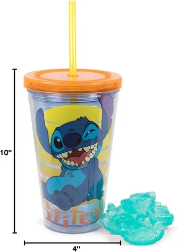 Vista 8 de Disney Lilo & Stitch Taza de carnaval con popote reutilizable, tapa a prueba de fugas, cubos de hielo de plástico, vaso de plástico sin BPA, vaso