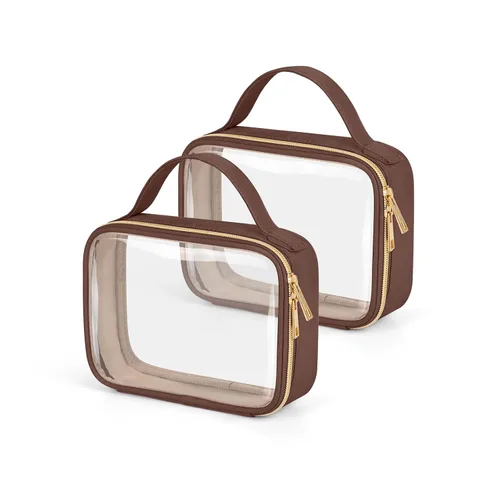 Vista 25 de Bolsa de aseo transparente Wedama, paquete de 2 bolsas de maquillaje transparentes con asas, bolsas cosméticas de PVC para mujeres y hombres, bolsas