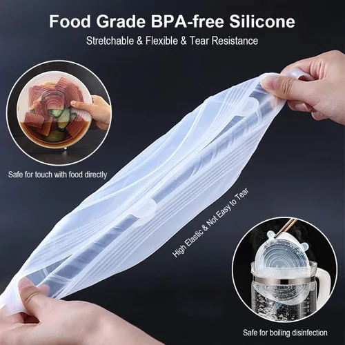 Vista 2 de Tapas elásticas de silicona, sin BPA, fundas elásticas de silicona para alimentos, tapa reutilizable y duradera para cuencos, latas y tazas, aptas