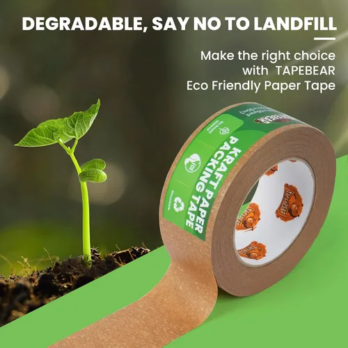 Vista 2 de TAPEBEAR Cinta de papel kraft ecológica, cinta de embalaje biodegradable resistente de 2 pulgadas x 55 yardas, cinta de embalaje reciclable