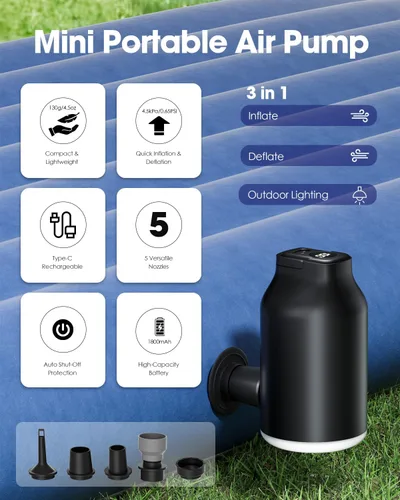 Vista 2 de Mini bomba de aire portátil para inflables, compacta, recargable, rápida inflación y desinflación con 5 boquillas, luz LED, apagado automático