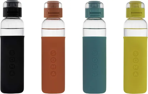 Vista 5 de SOMA - Botella de agua de vidrio con funda de silicona, tapa deportiva, 17 onzas, color negro