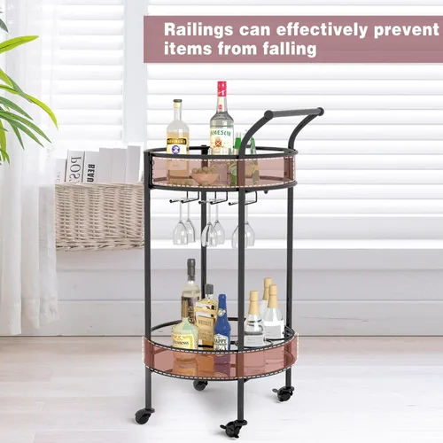Vista 6 de Carrito redondo negro con 2 estantes de espejo, estante para vino y ruedas con cerradura, adecuado para cocina del hogar, club, sala de estar