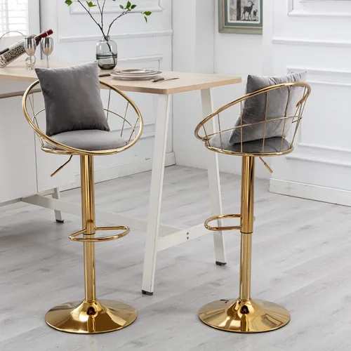 Vista 11 de Taburetes de bar giratorios de terciopelo con respaldo bajo y reposapiés, taburetes de bar ajustables con almohada, taburete de bar dorado de lujo