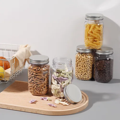 Vista 7 de Paquete de 20 tarros de plástico plateados de 16 onzas con tapas de rosca, recipientes de plástico para almacenamiento de alimentos para almacenar