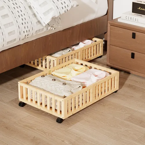 Vista 11 de Almacenamiento de bambú debajo de la cama con ruedas, caja organizadora de zapatos rodante debajo de la cama para zapatos, mantas, juguetes