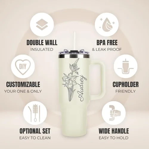 Vista 3 de Vaso personalizado de 40 onzas con asa y tapa con pajilla, botella de agua de acero inoxidable personalizada con nombres y flores de nacimiento