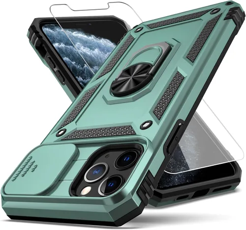 Vista 10 de Funda para iPhone 11 Pro Max con cubierta deslizante para cámara + protector de pantalla HD, soporte de anillo giratorio de grado militar a prueba