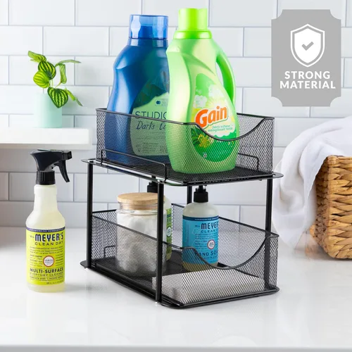 Vista 6 de Sorbus Organizador de metal para debajo del fregadero de 2 niveles para baño, cocina, cajones deslizantes de malla de acero fuerte para debajo