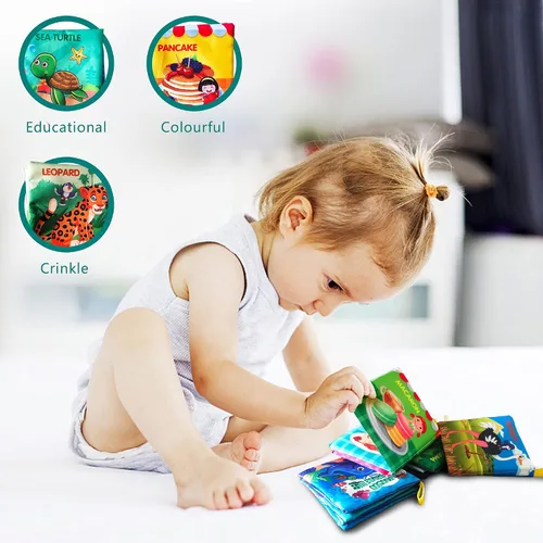 Vista 4 de Libros de tela suave para bebés, paquete de 4 unidades, alimentos y vida marina, animales y profesiones, juguetes para bebés, regalo de aprendizaje