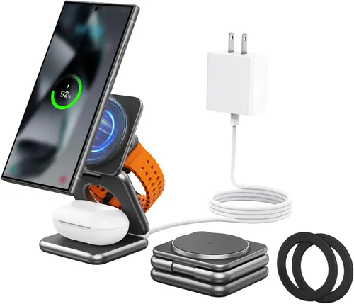 Vista 8 de KU XIU Cargador inalámbrico para Samsung, estación de carga inalámbrica plegable de aleación de zinc 3 en 1 para Samsung Galaxy S25 Ultra S24 S23