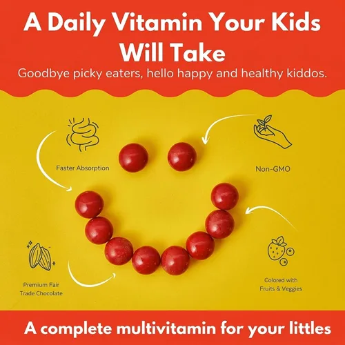 Vista 5 de Good Day Chocolate Multivitamínico completo para niños, suplemento diario de vitaminas A, B6, B12, C, D, E, folato y biotina, chocolate de comercio
