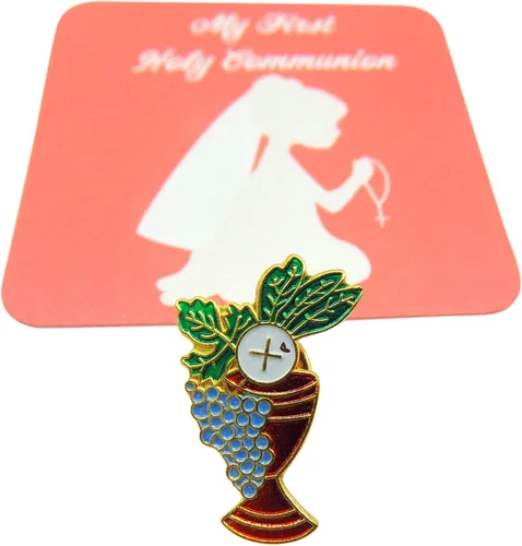 Vista 5 de Juego de pines de cáliz de primera comunión para niñas con paquete de tarjetas de oración sagrada, Metal, Sin gemas.