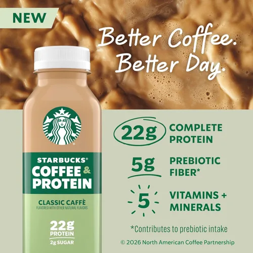 Vista 4 de Starbucks Café y proteínas, Classic Caffe, botellas de 12 onzas líquidas, (paquete de 12), 0.76 oz de proteína, 0.78 oz de azúcar, sin azúcar