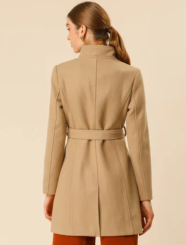 Vista 5 de Allegra K Abrigo largo clásico de invierno con cinturón de manga larga con cuello alto para mujer