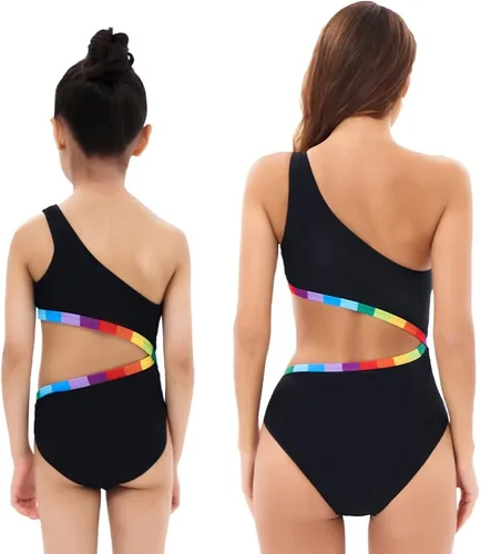 Vista 2 de Mommy and Me - Trajes de baño de una pieza con volantes y hojas impresas para mujeres y niñas, traje de baño monokini a juego para la familia