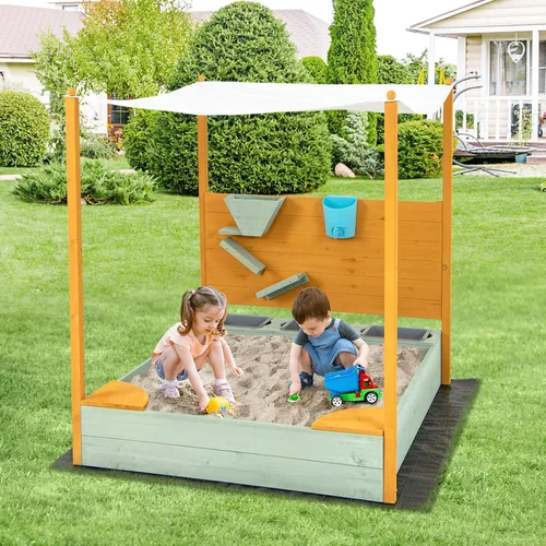 Vista 7 de Costzon Caja de arena para niños con pared de arena, arenero de madera con toldo extraíble, cubo de agua, contenedores de almacenamiento, 2 asientos